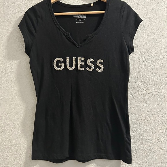 Guess Womens Black Rhinestone Logo V Neck Short Sleeve T-Shirt - Picture 1 of 5